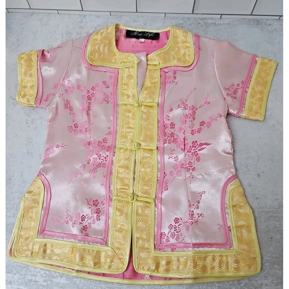 Chinese Pink Yellow Cherry Blossom Fabric Top  Girls Size 6